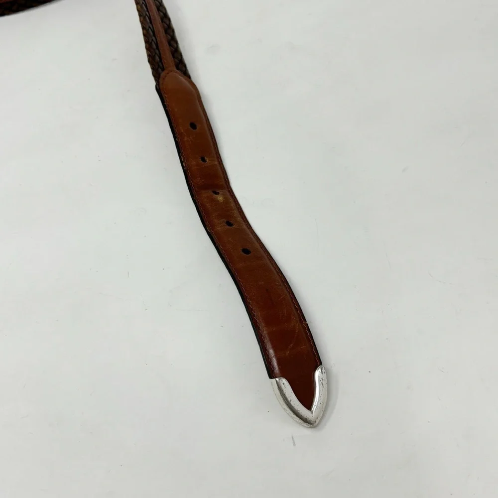 Two Tone Brown Leather Woven Waist Belt Men’s Silver Hardware Size 37” - 41”